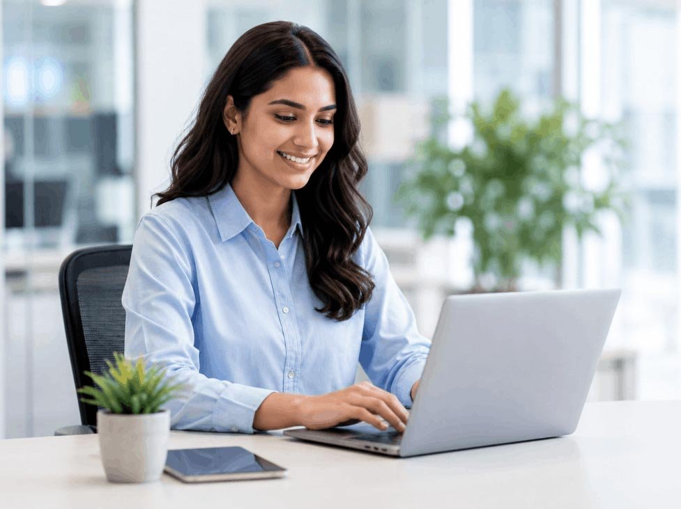 Indian recruitment professional working on laptop